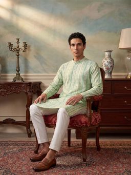 ETHNIC BAY - Mens Green Silk Blend Abstract Printed Kurta (Mku2251)