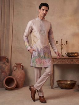 ETHNIC BAY - Men Taupe Silk Blend Full Sleeves Kurta with Pyjama