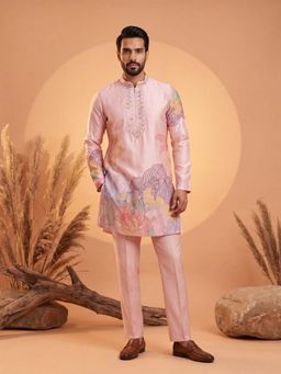 ETHNIC BAY - Men Pink Silk Blend Full Sleeves Kurta with Pyjama