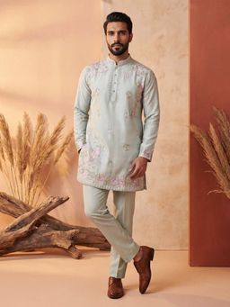 ETHNIC BAY - Men Green Silk Blend Full Sleeves Kurta with Pyjama