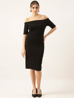 SHOWOFF - Womens Solid Black Sheath Dress