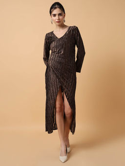 SHOWOFF - Womens Striped Brown Midi Wrap Dress