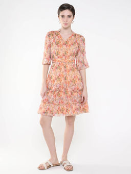SHOWOFF - Womens Floral Peach Fit and Flare Dress