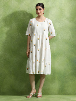 Jaipur Kurti - Floral Embroidered A-Line Ethnic Knee Length Dress