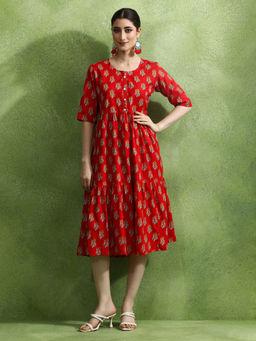 Jaipur Kurti - Floral Printed Tiered Ethnic Knee Length Dress