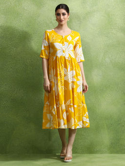 Jaipur Kurti - Floral Printed Tiered Ethnic Midi Dress