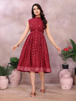 Rangita - Women Maroon Viscose Poly Printed Flared Calf Length Midi Dress