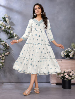 Rangita - Women White Rayon Printed Tiered Calf Length Midi Dress