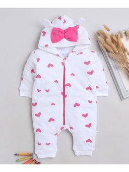 Bumzee - White & Pink Girls Full Sleeves Trendy Padded Sleepsuit with Hood