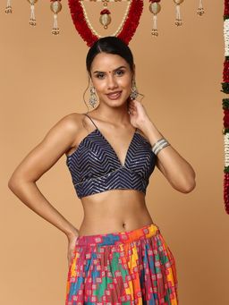 SALWAR STUDIO - Women Navy Blue Silk Blend Readymade Saree Blouse