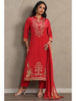 Soch - Red Printed Zardozi Kurta with Pant and Dupatta