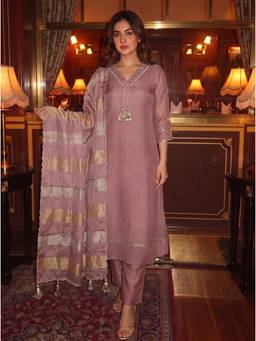 Autumnlane - Mauve Sequined Mirror Work Anarkali Kurta with Pant and Dupatta