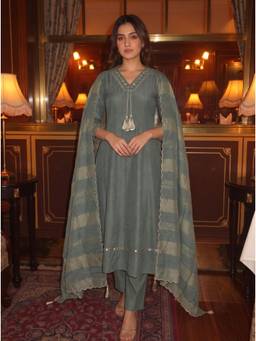 Autumnlane - Teal Sequined Mirror Work Anarkali Kurta with Pant and Dupatta