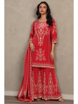 Soch - Red Printed Zardozi Work Kurta with Sharara and Dupatta