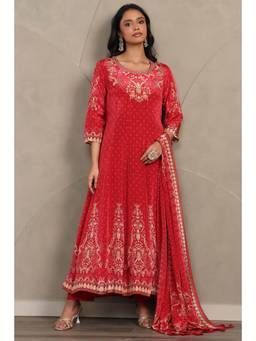 Soch - Red Printed Zardozi Anarkali Kurta with Pant and Dupatta