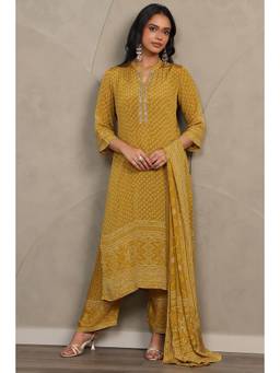 Soch - Mustard Printed Bandhani Kurta with Pant and Dupatta