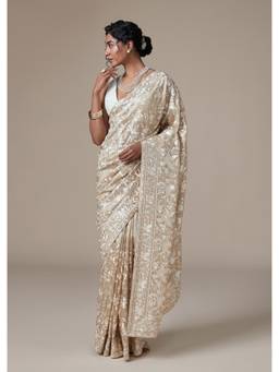KALKI FASHION - Beige Chanderi Floral Embroidered Saree