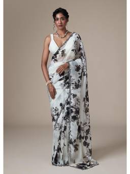 KALKI FASHION - White-Black Muslin Organza Floral Sequined Saree