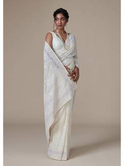 KALKI FASHION - White Georgette Embroidery Chikankari Saree