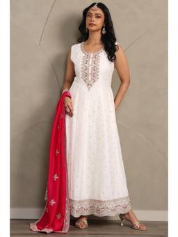 Soch - Cream Embroidered Dress with Unstitched Sleeves and Dupatta