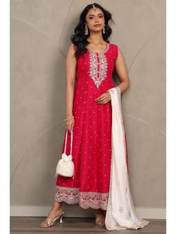 Soch - Pink Embroidered Dress with Unstitched Sleeves and Dupatta