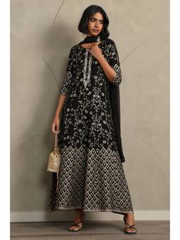 Soch - Black Floral Printed Anarkali Kurta with Pant and Dupatta