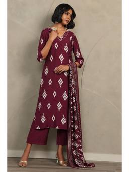 Soch - Maroon Printed Sequined Kurta with Pant and Dupatta