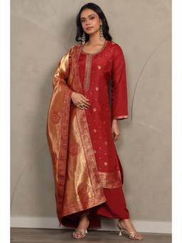 Soch - Rust Woven Beads-Stones Work Kurta with Pant and Dupatta
