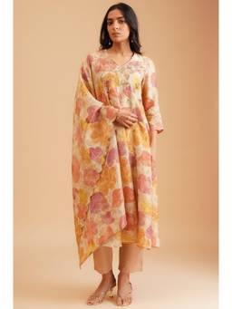 W - Multi-Color Floral Printed Anarkali Kurta with Pant and Dupatta