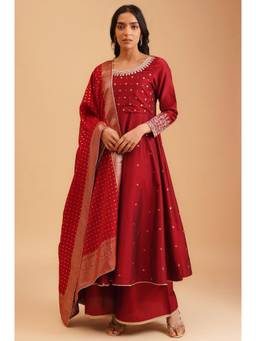 W - Maroon Embroidered Sequined Anarkali Kurta with Palazzo and Dupatta