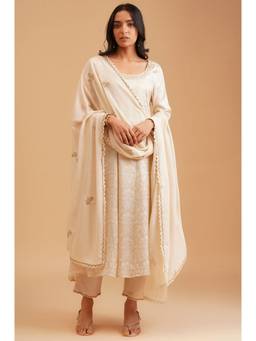 W - Off White Woven Zari Anarkali Kurta with Pant and Dupatta