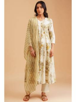 W - Off White Floral Printed Anarkali Kurta with Pant and Dupatta