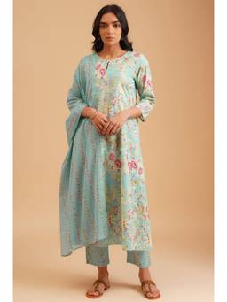 W - Blue Floral Printed Anarkali Kurta with Pant and Dupatta