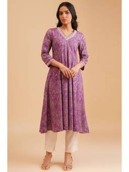 W - Purple Floral Woven Anarkali Kurta with Pant