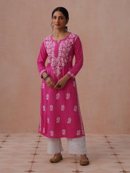 House of Chikankari - Pink Rayon Embroidered Kurta