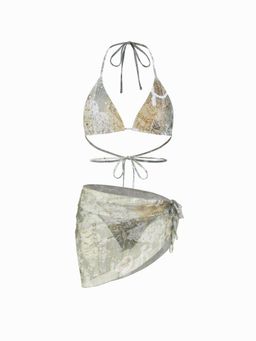 Cider - Vintage Printed Halter Bikini 3-Piece Set