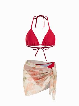 Cider - Halter Triangle Bikini Set With Floral Sarong