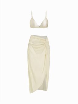 Cider - V-neck Solid Triangle Bikini Set With Sarong