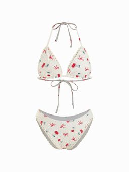Cider - V-neck Check Cherry Graphic Contrasting Binding Halter Cheeky Bikini Swimsuit