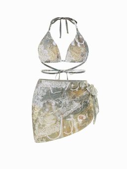 Cider - Shaping Halter Toile de Jouy Triangle Cheeky Bikini Set & Sarong Curve & Plus