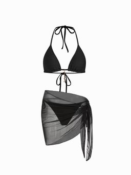 Cider - Rib Fabric Halter Neckline Knotted Tie Side Bikini Set With Sarong