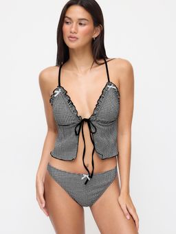 Cider - V-neck Gingham Bowknot Lettuce Trim Tankini Bikini Set
