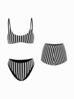Cider - Terry U-neckline Stripe Bracelet Bikini Set & Cover Up Shorts