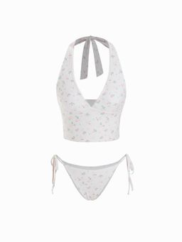 Cider - Halter Neckline Floral Tankini Tie Side Bikini Set