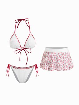 Cider - Rib Halter Neckline Contrasting Binding Triangle Bikini Set & Floral Cover Up Skirt