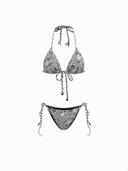 Cider - Halter Neckline Floral Beaded Triangle Tie Side Bikini Set