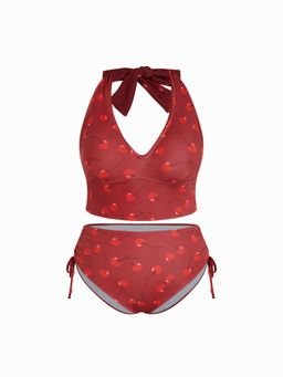Cider - Halter Floral Drawstring Full Coverage Tankini Bikini Set Curve & Plus