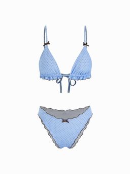 Cider - V-neck Polka Dot Lettuce Trim Bowknot Halter Bikini Set