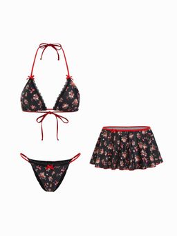 Cider - V-neck Floral Bowknot Halter Bikini Set & Cover Up Skirt