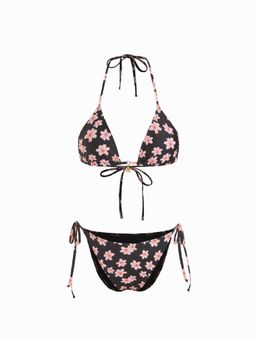 Cider - Halter Neckline Floral Knotted Tie Side Bikini Set